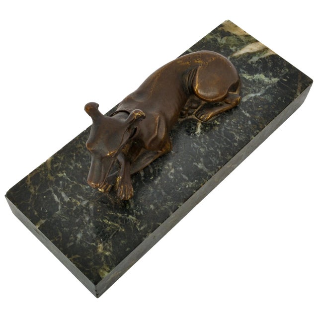 Art Nouveau Antique French Animalier Bronze Marble Greyhound Sculpture Desk Paperweight 1900 For Sale - Image 3 of 12