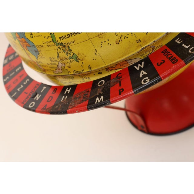 Yellow Vintage Replogle Yellow and Red Tin Litho "Globe Grams' Spinning World Globe For Sale - Image 8 of 18