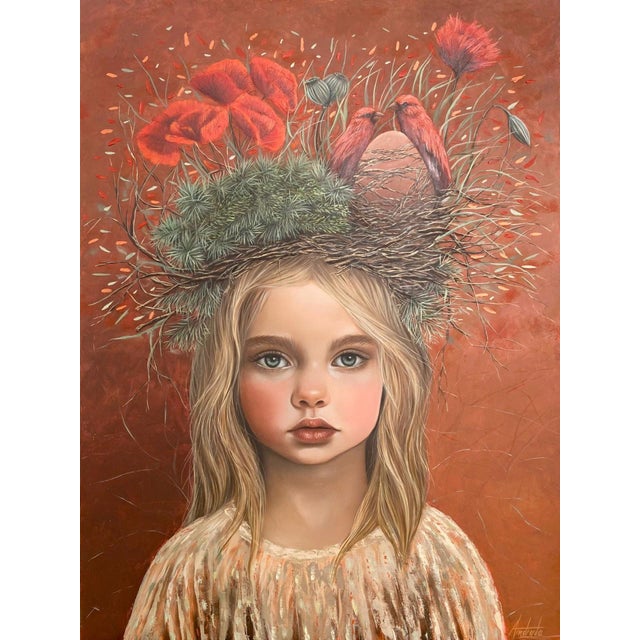 Poppy by Andrada Trapnell | Oil on board Portrait of a girl with flowers and a nest in her hair. For Sale