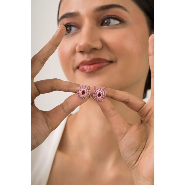 6.55ct Ruby Pink Sapphire & Diamond Cluster Victorian Stud Earrings in 14k Gold- A Pair For Sale - Image 10 of 14