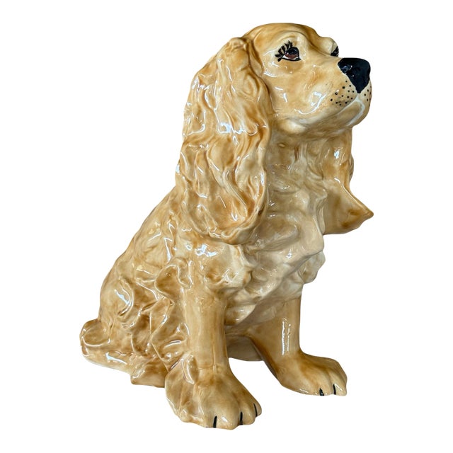 Vintage Boho Regency Handcrafted Ceramic Glazed Spaniel Dog Sculpture For Sale