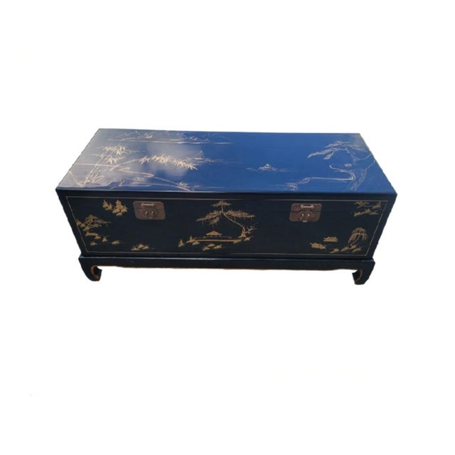 Chinoiserie Vintage Huge Chinoiserie Black Lacquered Pagoda Garden Scene Storage Ming Leg Trunk Coffee Table For Sale - Image 3 of 10