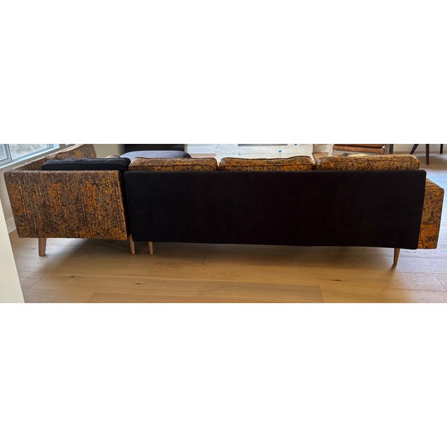 Mid-Century Modern 1960's MCM 2-Piece Sectional Sofa Reupholstered in a Luxuriously Soft Black Chenille and a Burnt Orange/Tan/Brown Paisley Cotton Fabric For Sale - Image 3 of 12