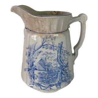 Antique Blue and White Transferware Pitcher For Sale