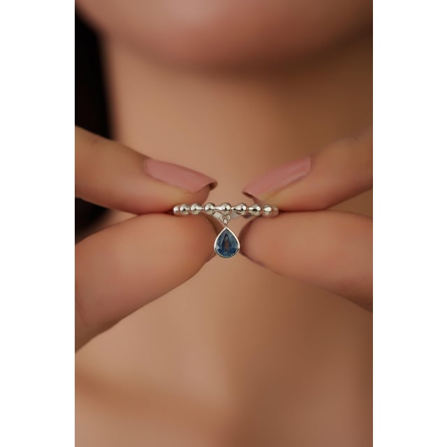 Not Yet Made - Made To Order Boho Beaded Blue Sapphire Teardrop Charm Band Ring Size 8 in 14k White Gold For Sale - Image 5 of 15