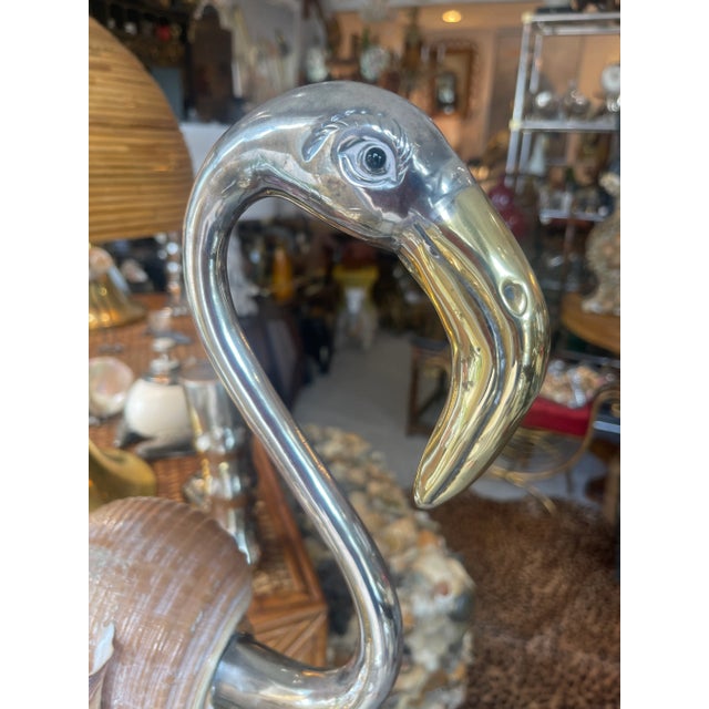 Hollywood Regency Gabriella Binazzi, Silver Plate, Brass & Large Seashell Flamingo, Signed For Sale - Image 3 of 12