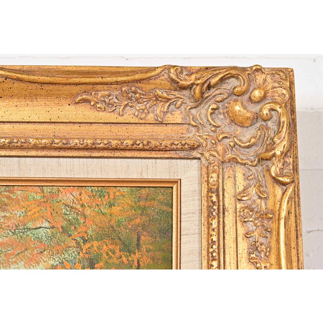 Wood Original Artist Signed Scenic Fall Drive Oil Painting in Carved Giltwood Frame For Sale - Image 7 of 12