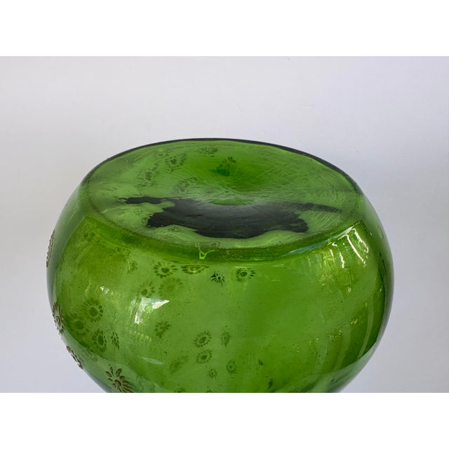 Glass Vintage Bohemian Green Glass Hand-Enameled Floral Vase, 12” For Sale - Image 7 of 12