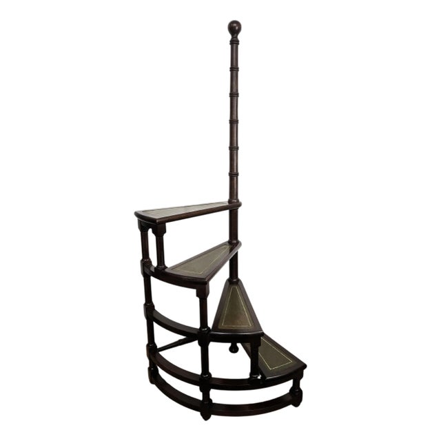 Mid-Century Italian Spiral Carved Walnut and Leather 4-Step Library Ladder, 1950s For Sale