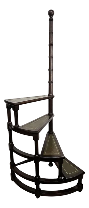 Mid-Century Italian Spiral Carved Walnut and Leather 4-Step Library Ladder, 1950s