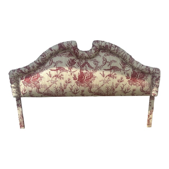 Vintage French Country Toile Upholstered Headboard – King/Queen, Rolled Silhouette For Sale