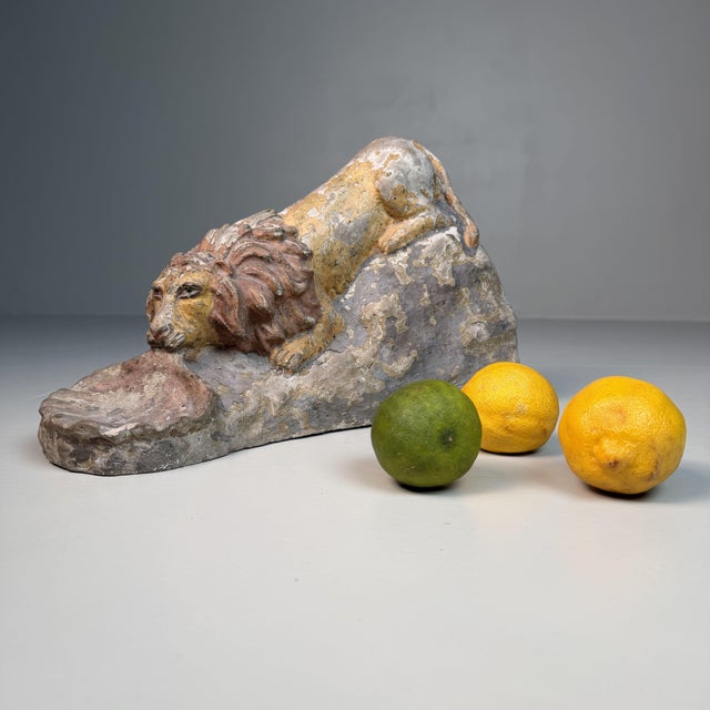 Stone Lion Sculpture with Shell, 1800s, Paint and Stone For Sale - Image 4 of 17