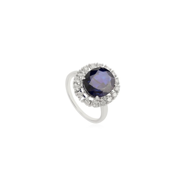 Art Deco Royal Blue Sapphire Lady Diana Ring Wtih Diamonds in 18k White Gold Size 5.5 For Sale - Image 3 of 14