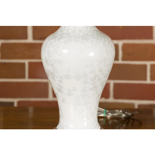 Pair of White Porcelain Vase Table Lamps on Lucite Bases with Textured Décor For Sale - Image 11 of 12