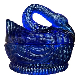 Vintage Blue Glass Swan on Nest Lidded Dish by Heisey For Sale