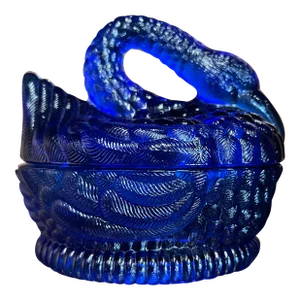 Vintage Blue Glass Swan on Nest Lidded Dish by Heisey