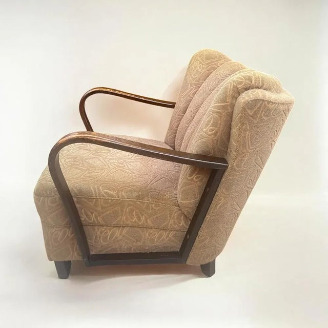 Art Deco German Armchair with Bentwood Armrests and Green Brocade Upholstery, 1940s, in Good conditions. Designed 1920 to...