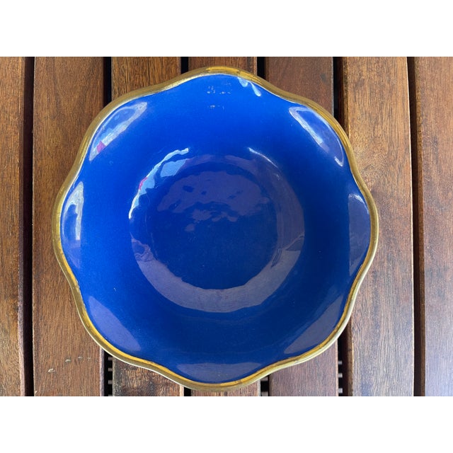 Mid Century Chinese Red Cinnabar Lacquerware & Brass Rim Scallup Landscape Bowl For Sale In Santa Fe - Image 6 of 6