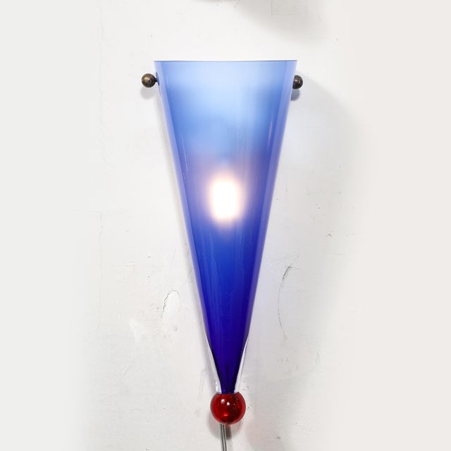 Mid 20th Century Mid-Century Hand-Blown Periwinkle Murano Glass Conical Sconces Signed Cenedese For Sale - Image 5 of 16