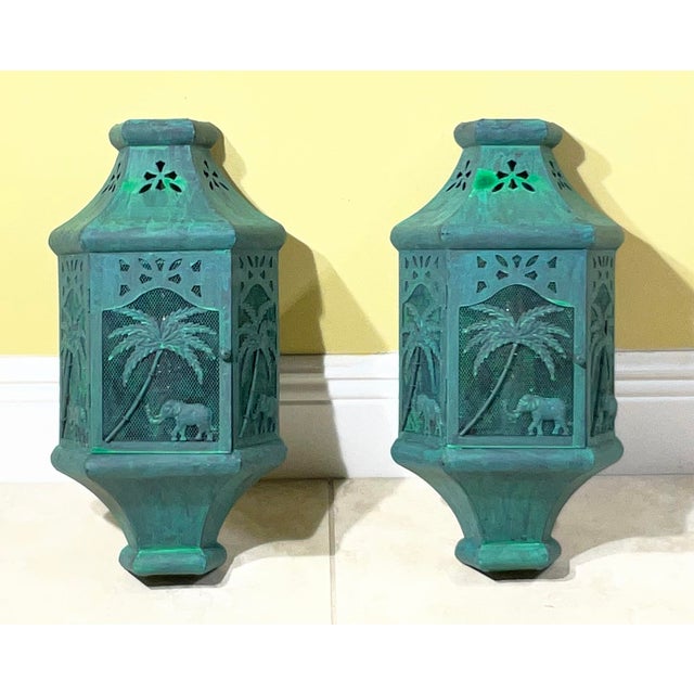 Vintage British Colonial Style Elephant & Palm Tree Wall Sconces - a Pair For Sale - Image 15 of 17