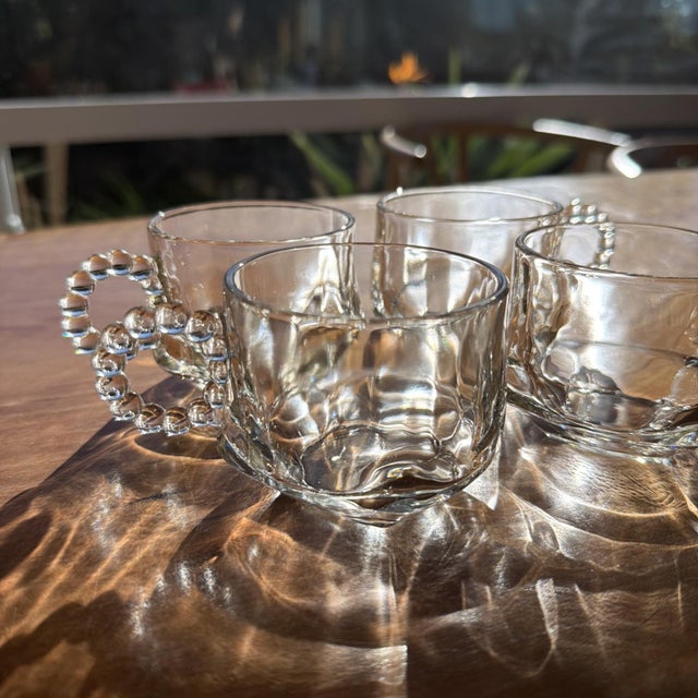 Vintage Hazel Atlas Snack Cup Punch Cups Bubble/Beaded Handle Glass - Set of 4 For Sale - Image 4 of 5