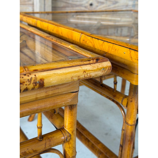 Chocolate Pair of Refinished Brighton Pavilion Style Bamboo Side Tables For Sale - Image 8 of 12