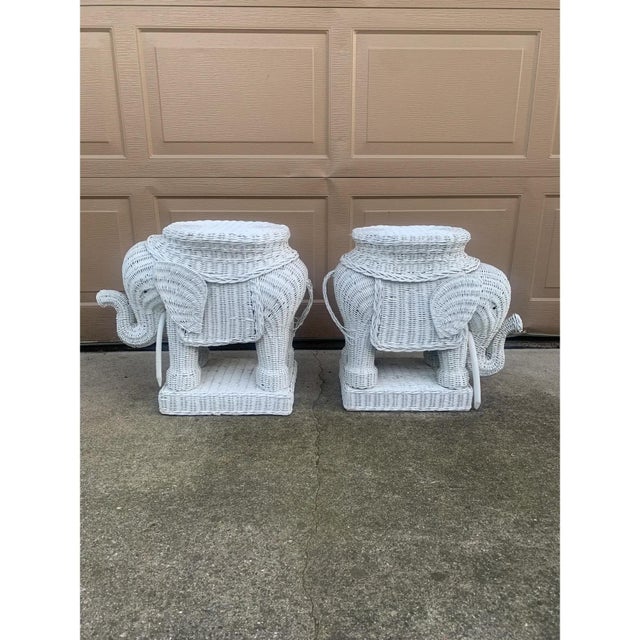 1970s White Wicker Rattan Elephant Garden Stools or Side Tables, Pair For Sale - Image 10 of 10