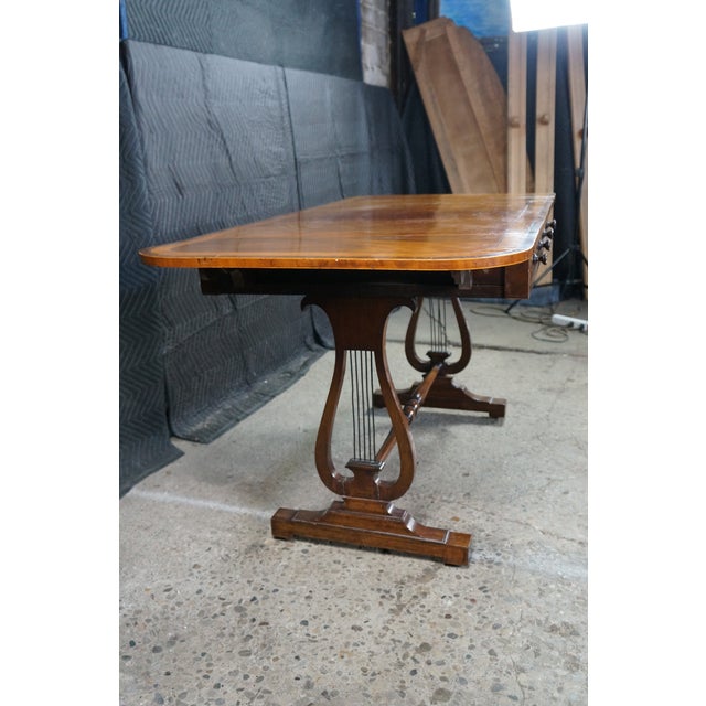 Antique Early 19th C. Regency Flame Mahogany Lyre Base Drop Leaf Sofa Table Desk For Sale - Image 10 of 16