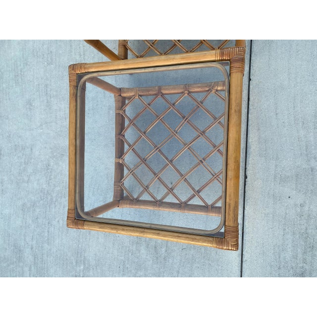 Boho Chic Boho Coastal Vintage Square Glass Top Lattice Rattan End Tables Styled After McGuire- Set of 2 For Sale - Image 3 of 12