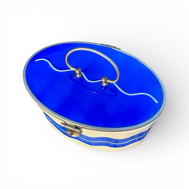 WMF Württembergische Metallwarenfabrik Vintage Blue and White Porcelain and Enamel Biscuit Barrel For Sale - Image 4 of 11