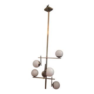 Mid-Century Brass and Globe Chandelier Pendant For Sale