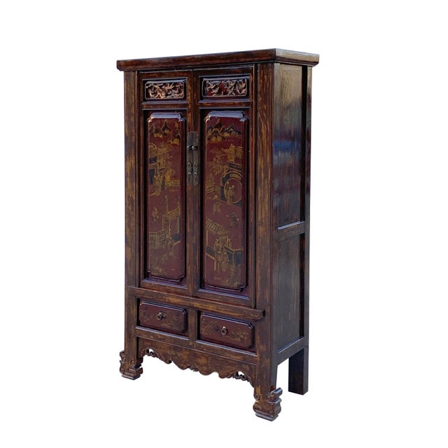 Chinoiserie Chinese Vintage Brown Golden Scenery Armories Storage Cabinet For Sale - Image 3 of 11