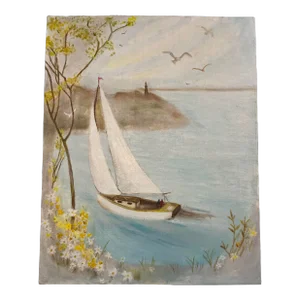 1970s Realist Sailing Oil Painting on Flat Canvas