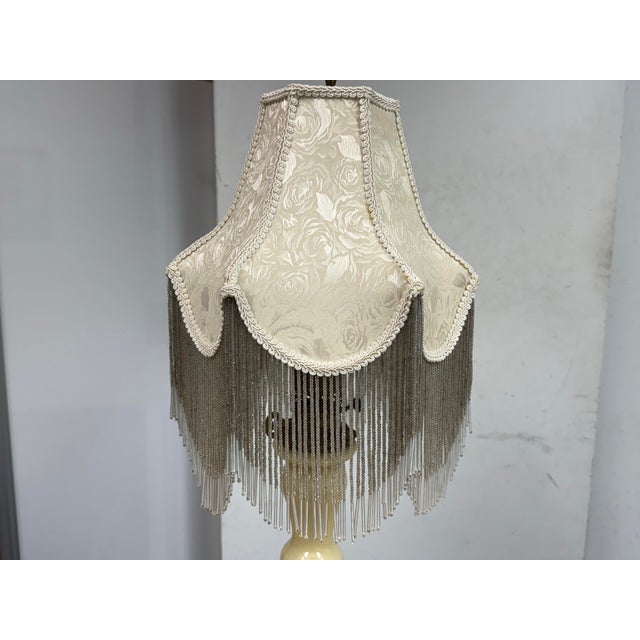 Early 20th Century Vintage Porcelain Table Lamp With Victorian Beaded Fringe Lamp Shade For Sale - Image 5 of 12