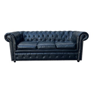 Vintage Three-Seater Chesterfield Sofa in Black Leather, 1980 For Sale