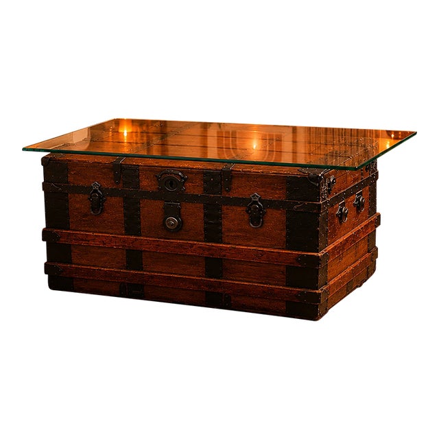 Late 19th Century Glass-Topped Steamer Trunk Coffee Table For Sale