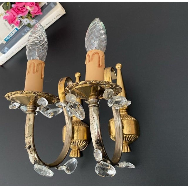 Gold Italian Sconces with Crystals, 1960s, Set of 2 For Sale - Image 8 of 8