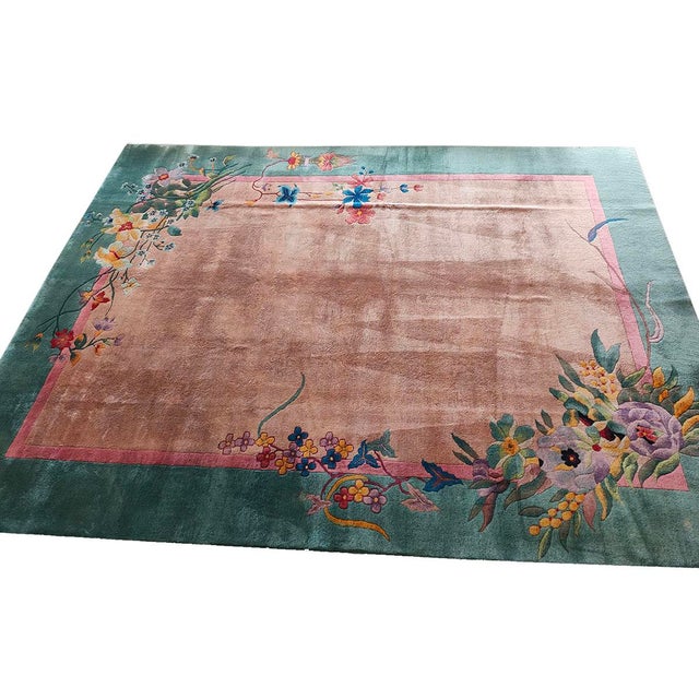 Textile 1920s Antique Chinese Beige Cream Open Field Floral Art Deco Wool Knotted Rug For Sale - Image 7 of 13