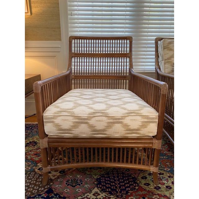 Wood Pencil Rattan Chairs Schumacher Santa Monica Ikat Fabric For Sale - Image 7 of 13