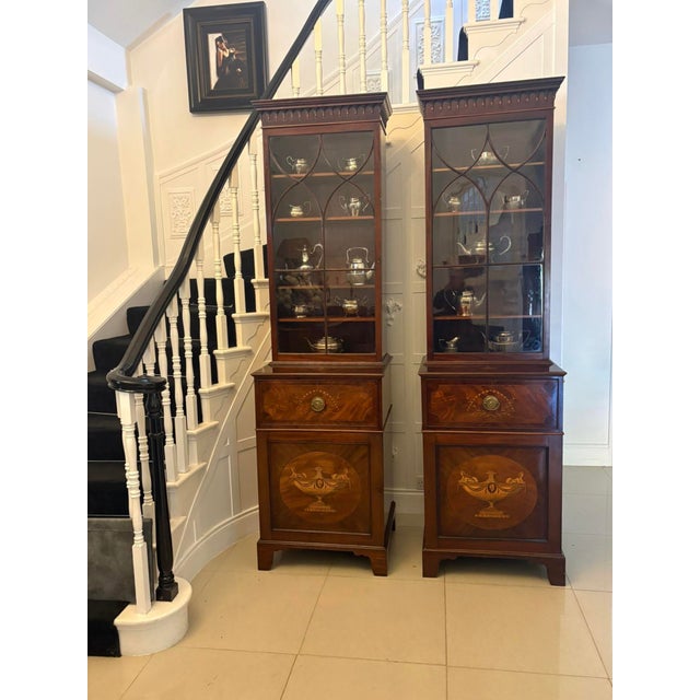 Wood Antique Regency Mahogany Inlaid Astragal Glazed Library Bookcases, 1820, Set of 2 For Sale - Image 7 of 17
