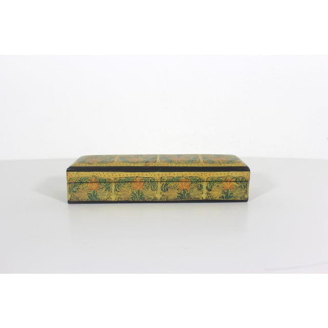 Vintage Kashmir Papier Maché Trinket Box, Hand Painted 22ct Gold Lacquered Jewelry Storage For Sale - Image 6 of 11