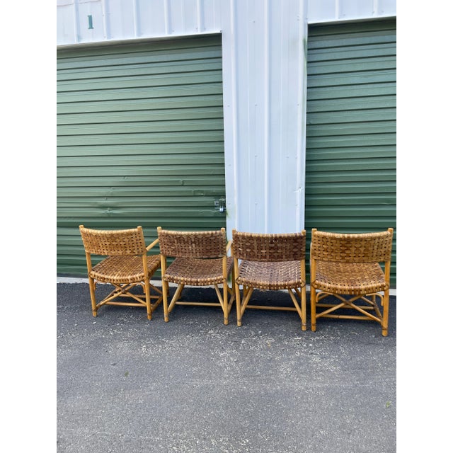 Boho Chic 1980s Boho Chic Bamboo Rattan and Woven Leather Arm Dining Chair - Set of 4 For Sale - Image 3 of 12