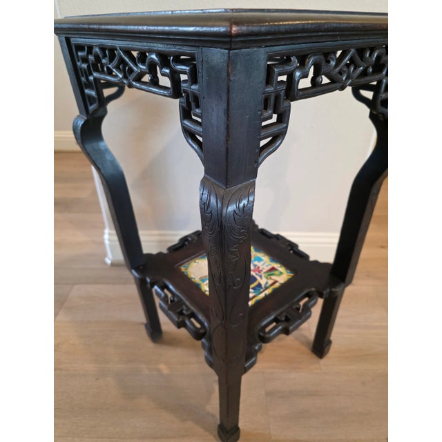 19th Century French Chinoiserie Japanesque Viardot Style Carved Ebonized Wood Longwy Ceramic Tile Table Stand For Sale - Image 11 of 18
