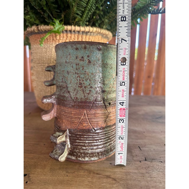 1970s Handbuilt Textured Ceramic Vase: Green Brown Glaze Studio Pottery Sculpture For Sale - Image 5 of 12