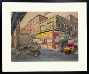 Whimsical Ca. 1940s Watercolor of a Chicago Street Corner Featuring, El Tracks, Cars, a Truck, People, a News Stand & an Antique Shop