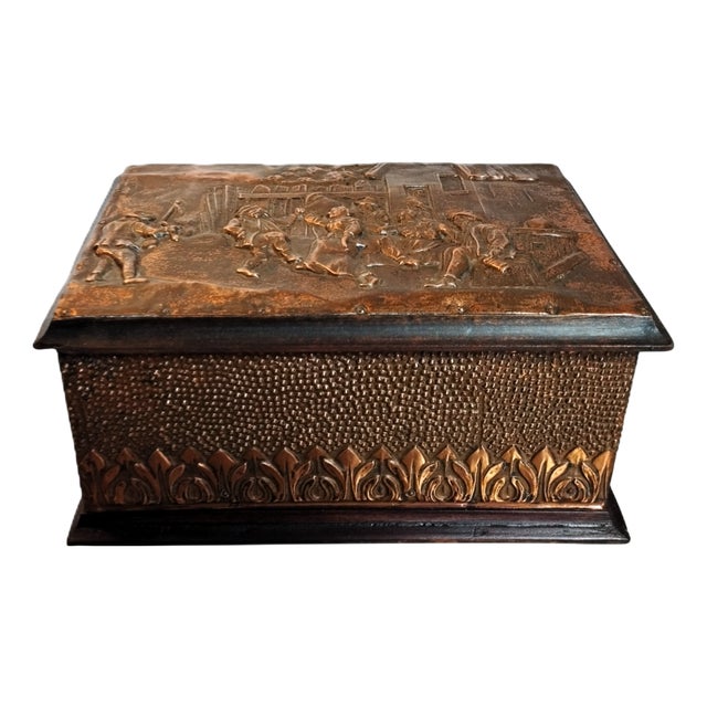 French Embossed Copper Box with Figurative Scene, 1950s For Sale