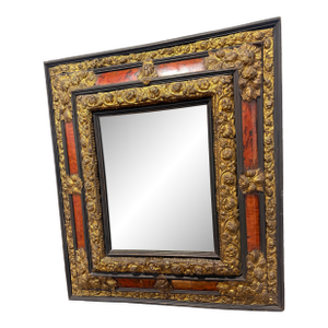 Napoleon III Period, Embossed Brass and Faux Tortoiseshell Ebonized Mirror