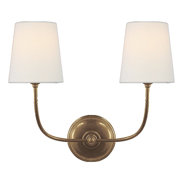 Thomas O'Brien for Visual Comfort Signature Vendome Double Sconce in Hand-Rubbed Antique Brass with Linen Shades For Sale
