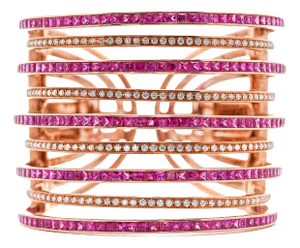 25 Carat Pink Sapphire & Diamond 18k Rose Gold Multi-Row Cuff Bangle Bracelet