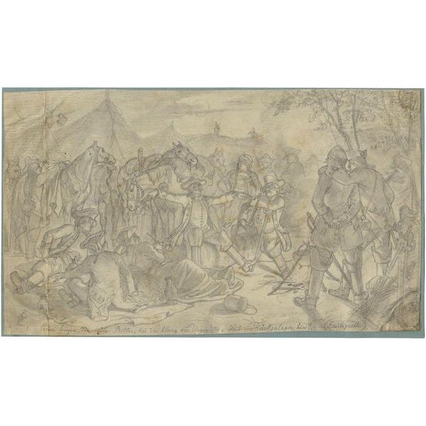 An original mid-19th-century graphite drawing, Wilhelm Camphausen, Prince Eugene of Savoy at the Battle of Belgrade.A...